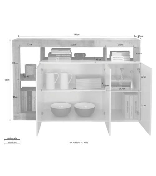 Buffet HAMBURG 3 portes – Blanc laqué brillant / Noir oxyde
